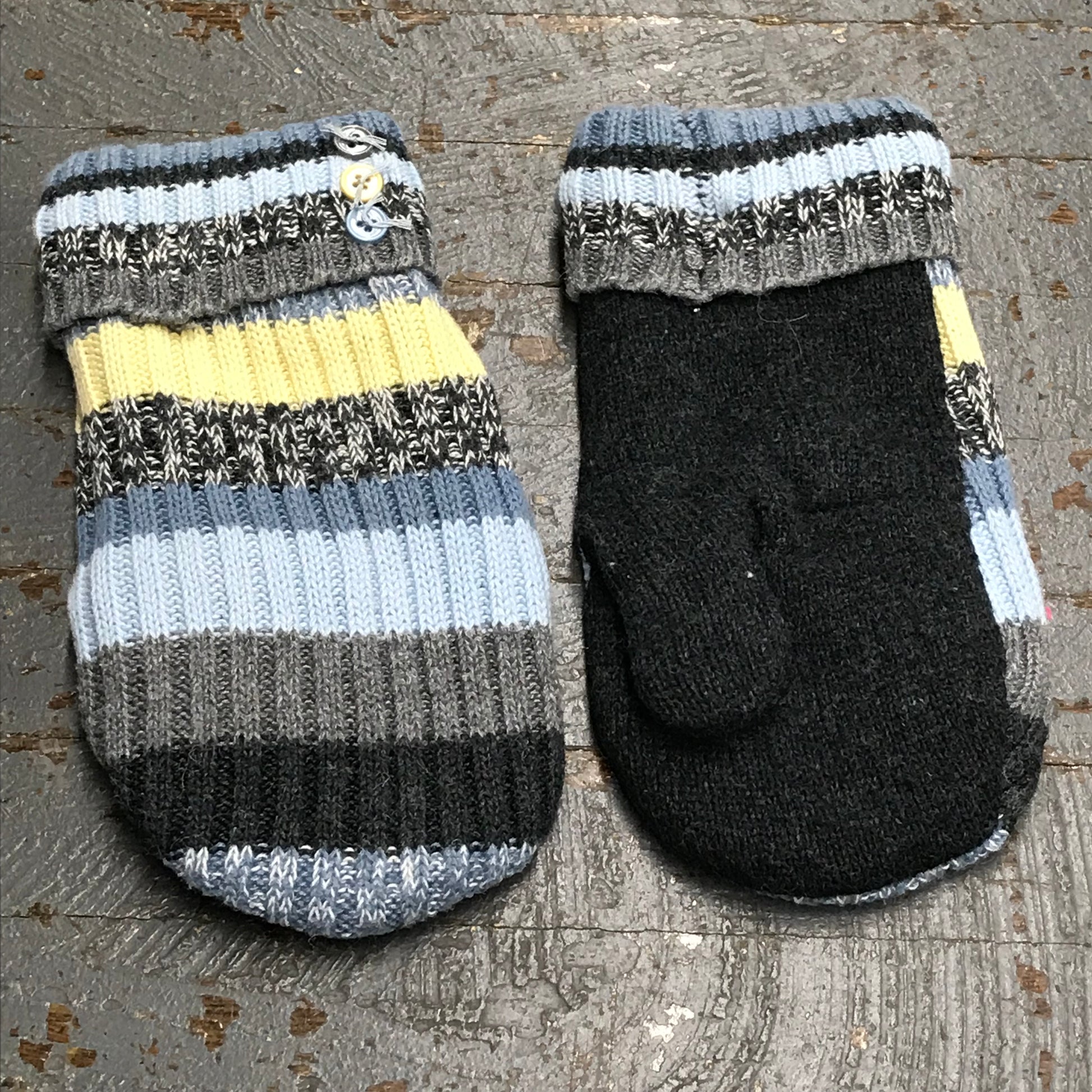 Upcycled Sweater Fleece Lined Mittens Blue Yellow Grey Stripe