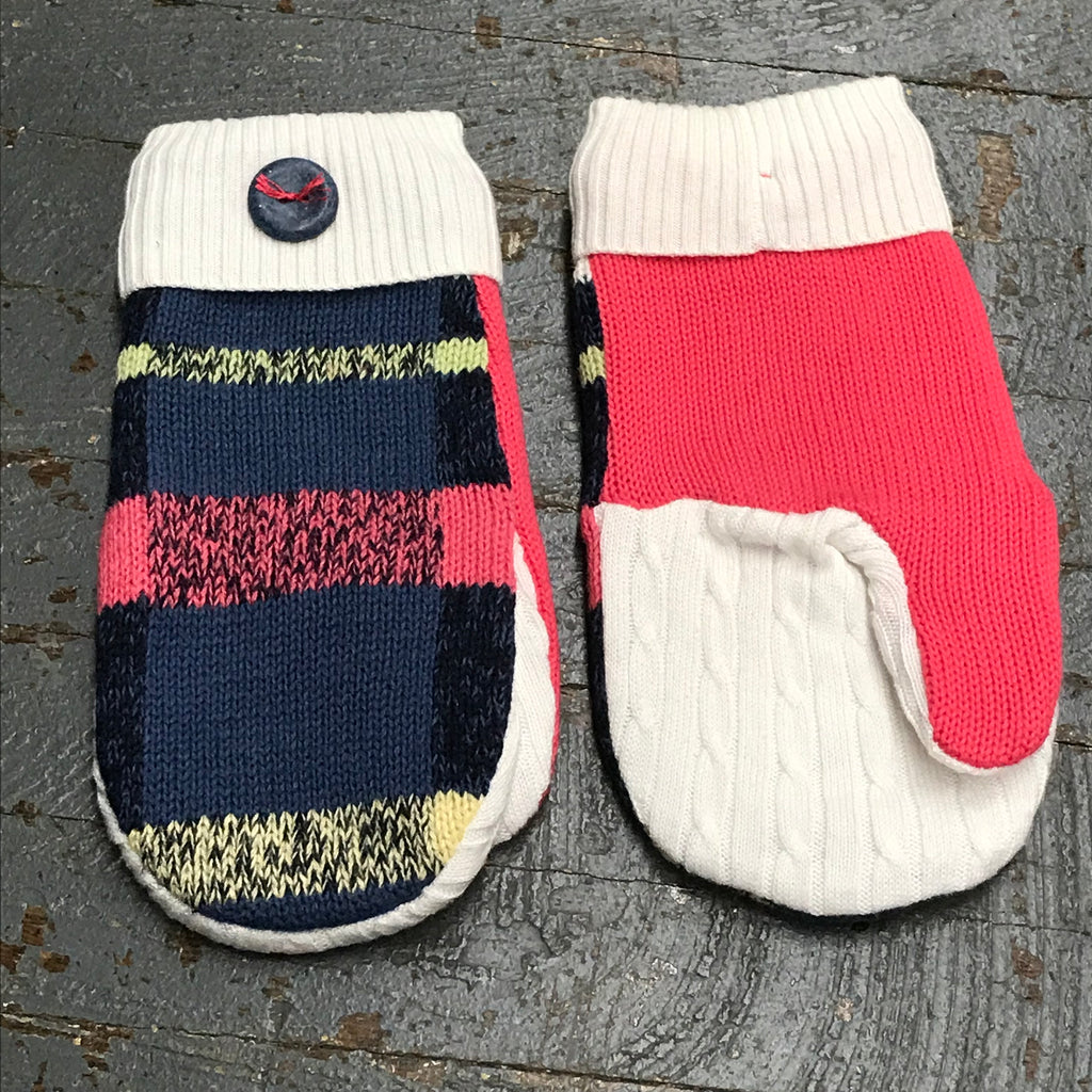 Upcycled Sweater Fleece Lined Mittens Pink Grey Blue Yellow Stripe