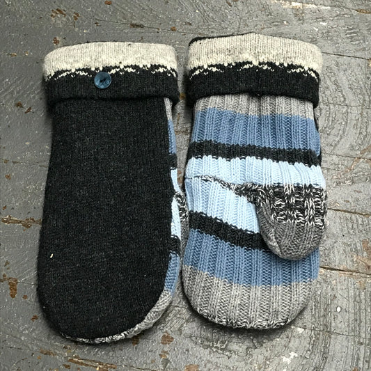 Upcycled Sweater Fleece Lined Mittens Blue Grey Stripe