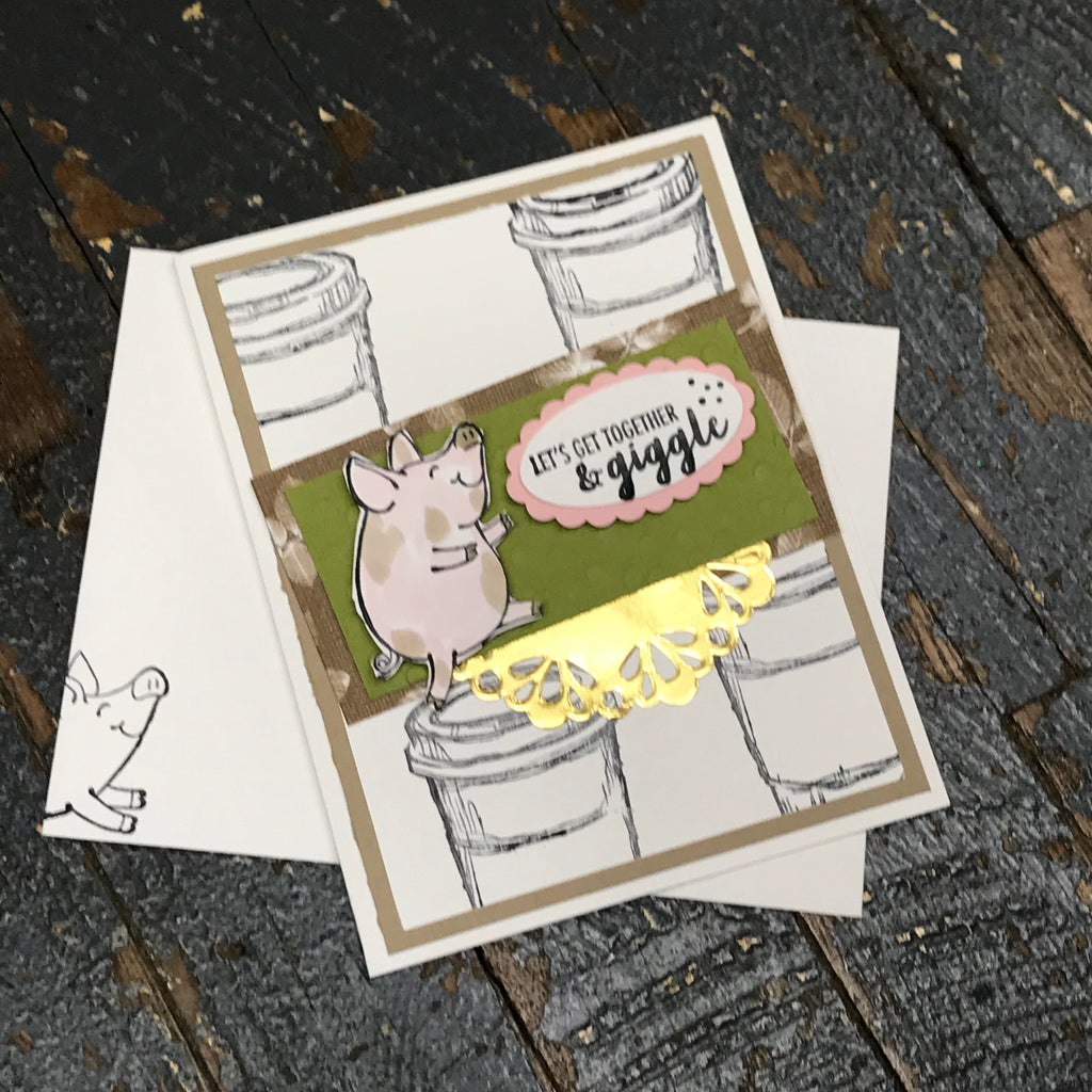 Let's Get Together Friends Farm Pig Handmade Stampin Up Greeting Card with Envelope