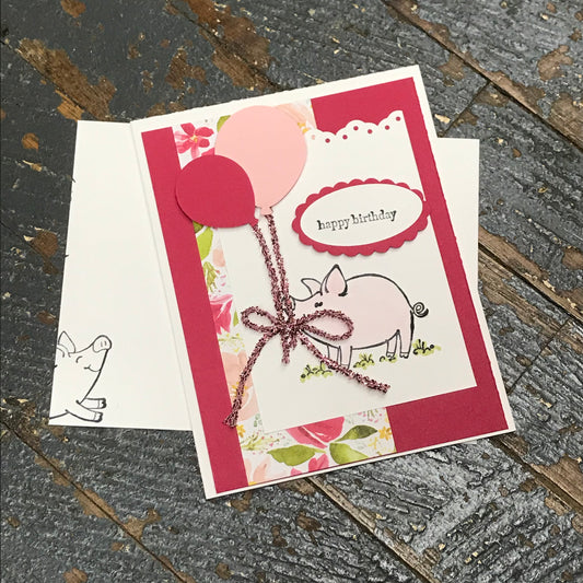 Happy Birthday Pink Farm Pig Handmade Stampin Up Greeting Card with Envelope