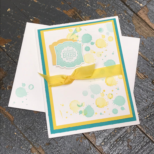 Cutest Baby Ever Green Yellow Splotch Handmade Stampin Up Greeting Card with Envelope