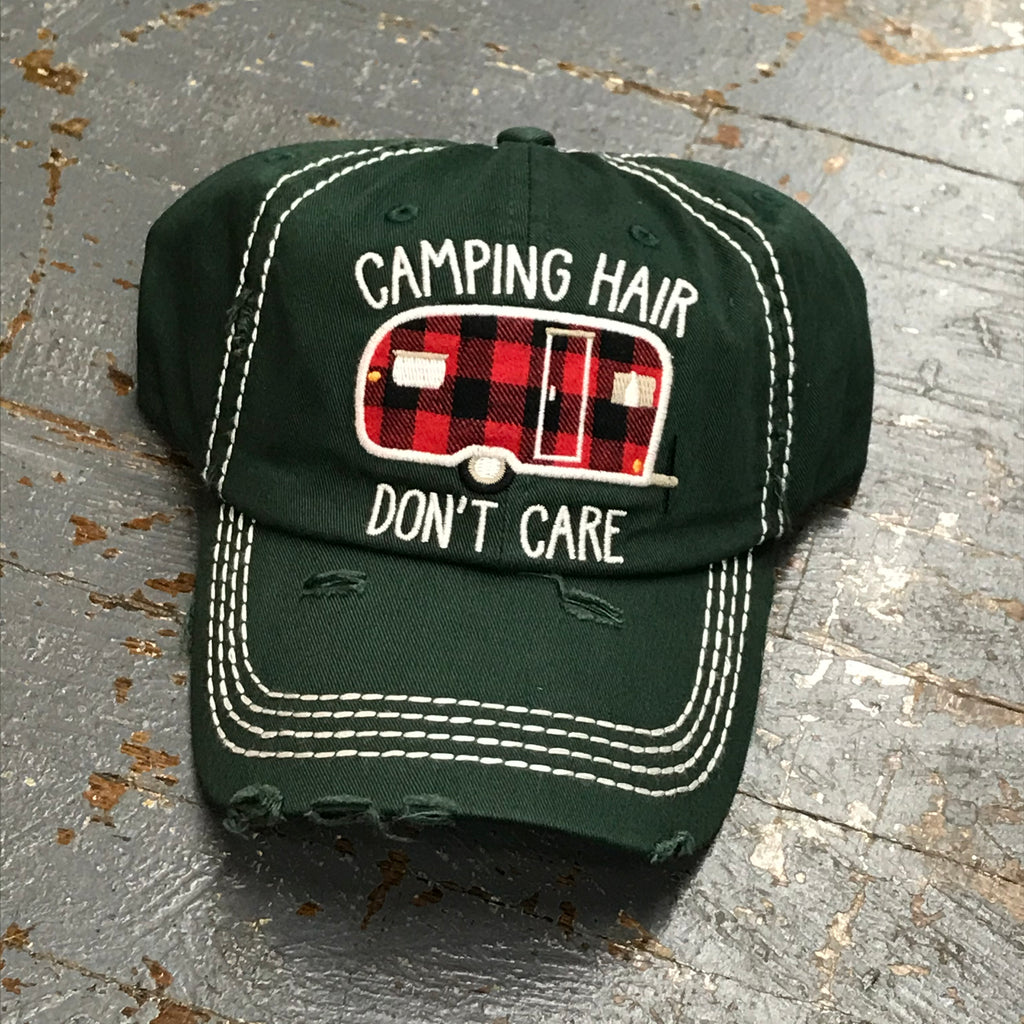 Camping Hair Don't Care Hat Green Embroidered Ball Cap