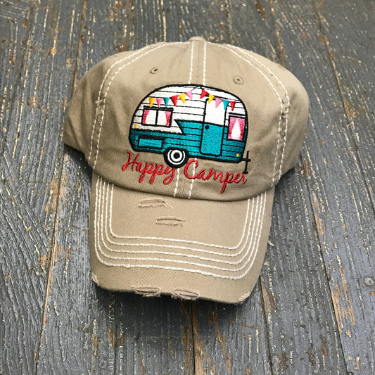 Happy Camper Hat Tan Embroidered Ball Cap