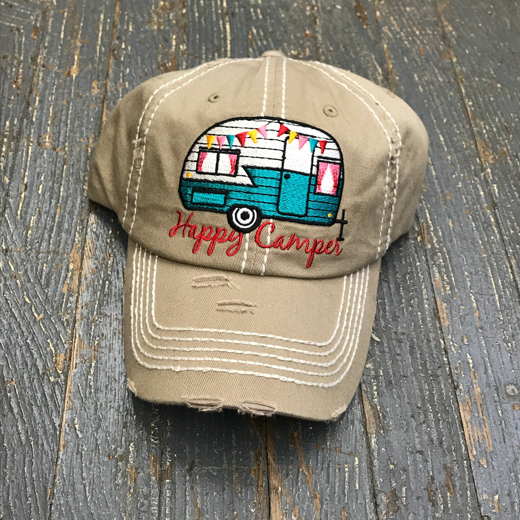 Happy Camper Hat Tan Embroidered Ball Cap