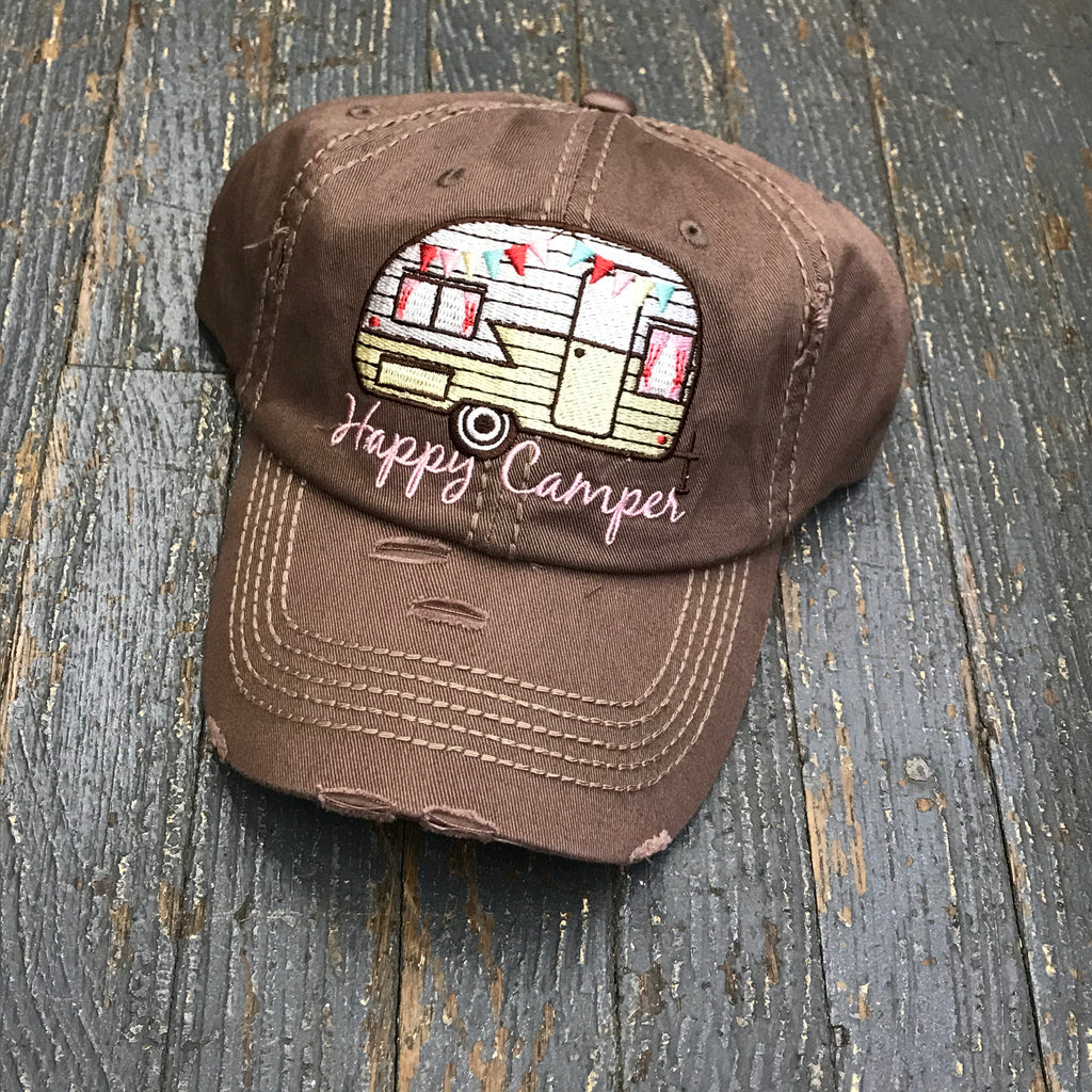 Happy Camper Hat Brown Embroidered Ball Cap