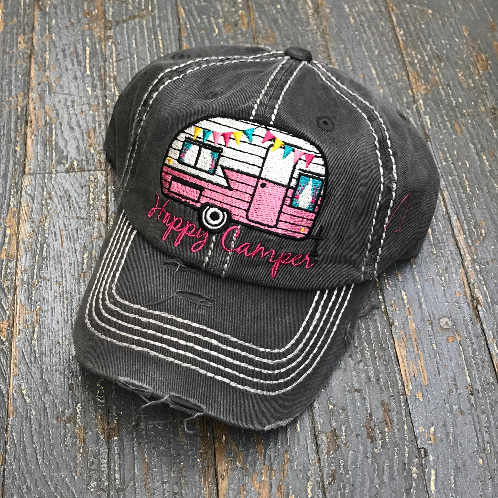 Happy Camper Hat Grey Embroidered Ball Cap