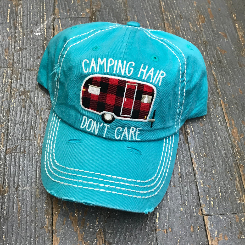 Camping Hair Don't Care Hat Teal Embroidered Ball Cap
