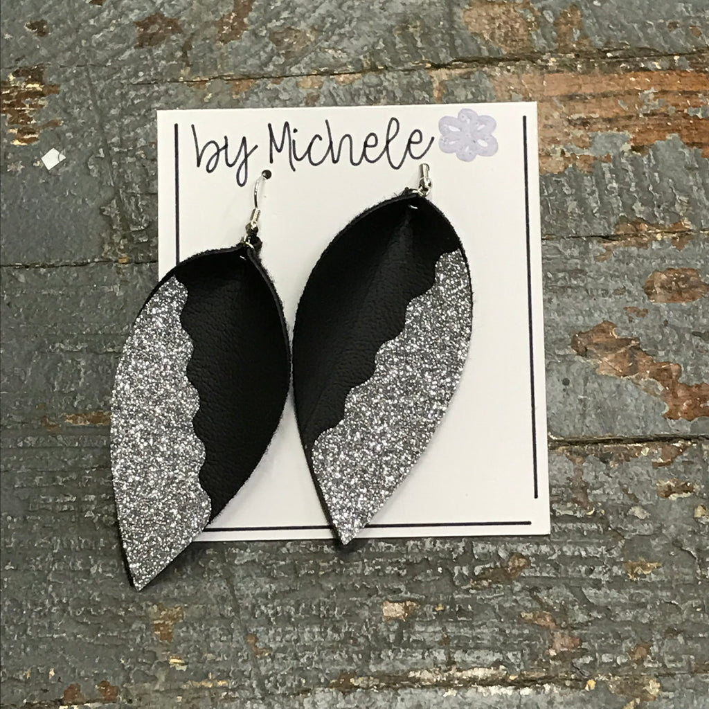 Black Silver Glitter Faux Leather Solid Teardrop Fishhook Dangle Earring Set