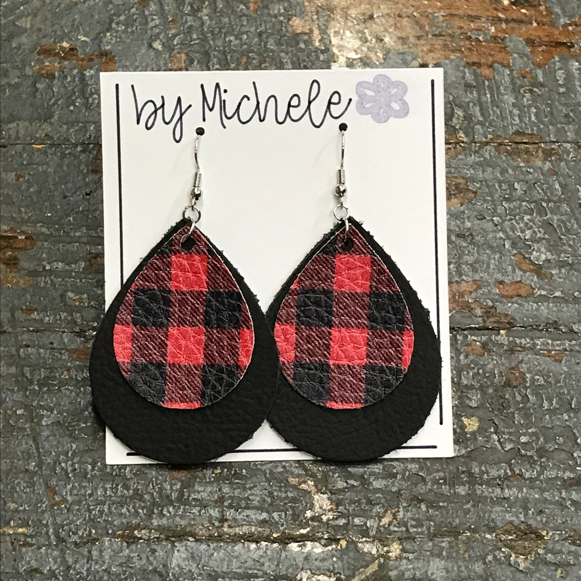 Black Red Check Faux Leather Solid Teardrop Fishhook Dangle Earring Set