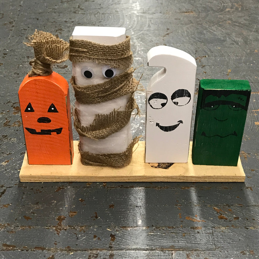 Hand Crafted Wood Halloween Shelf Sitter Scene Pumpkin Mummy Ghost Frankenstein