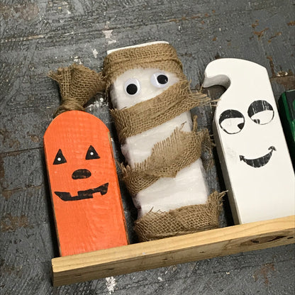 Hand Crafted Wood Halloween Shelf Sitter Scene Pumpkin Mummy Ghost Frankenstein