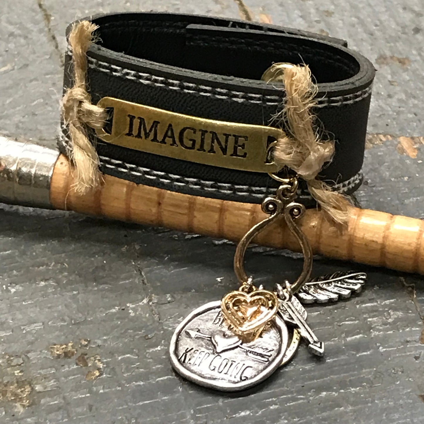 Black Leather Gold Plate Imagine Be Brave Dangle Belt Snap Bracelet