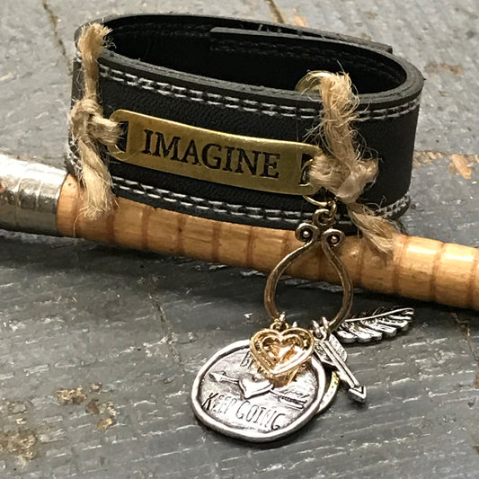 Black Leather Gold Plate Imagine Be Brave Dangle Belt Snap Bracelet