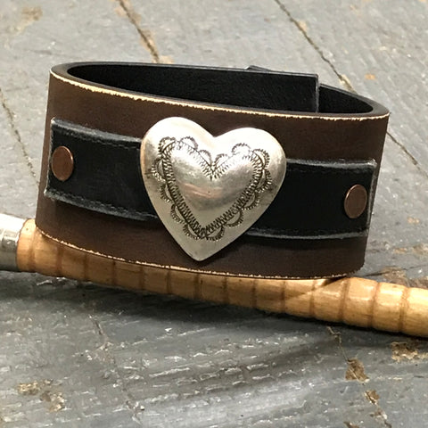 Brown Black Leather Silver Heart Belt Snap Bracelet