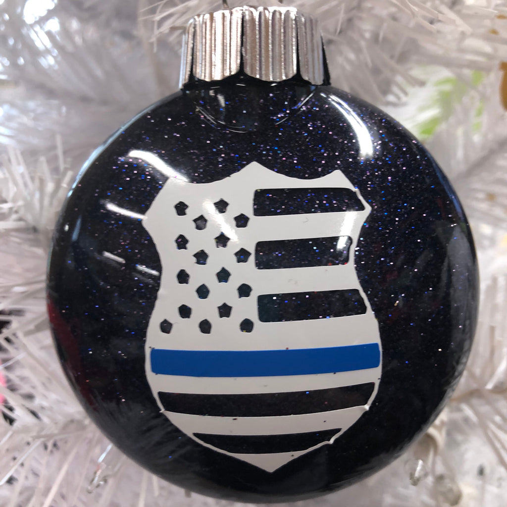 Holiday Christmas Tree Ornament American Flag Blue Line Police Badge