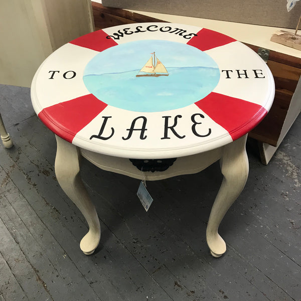 Welcome to the Lake Life Ring Saver Nautical Wood Round Top Side End Table