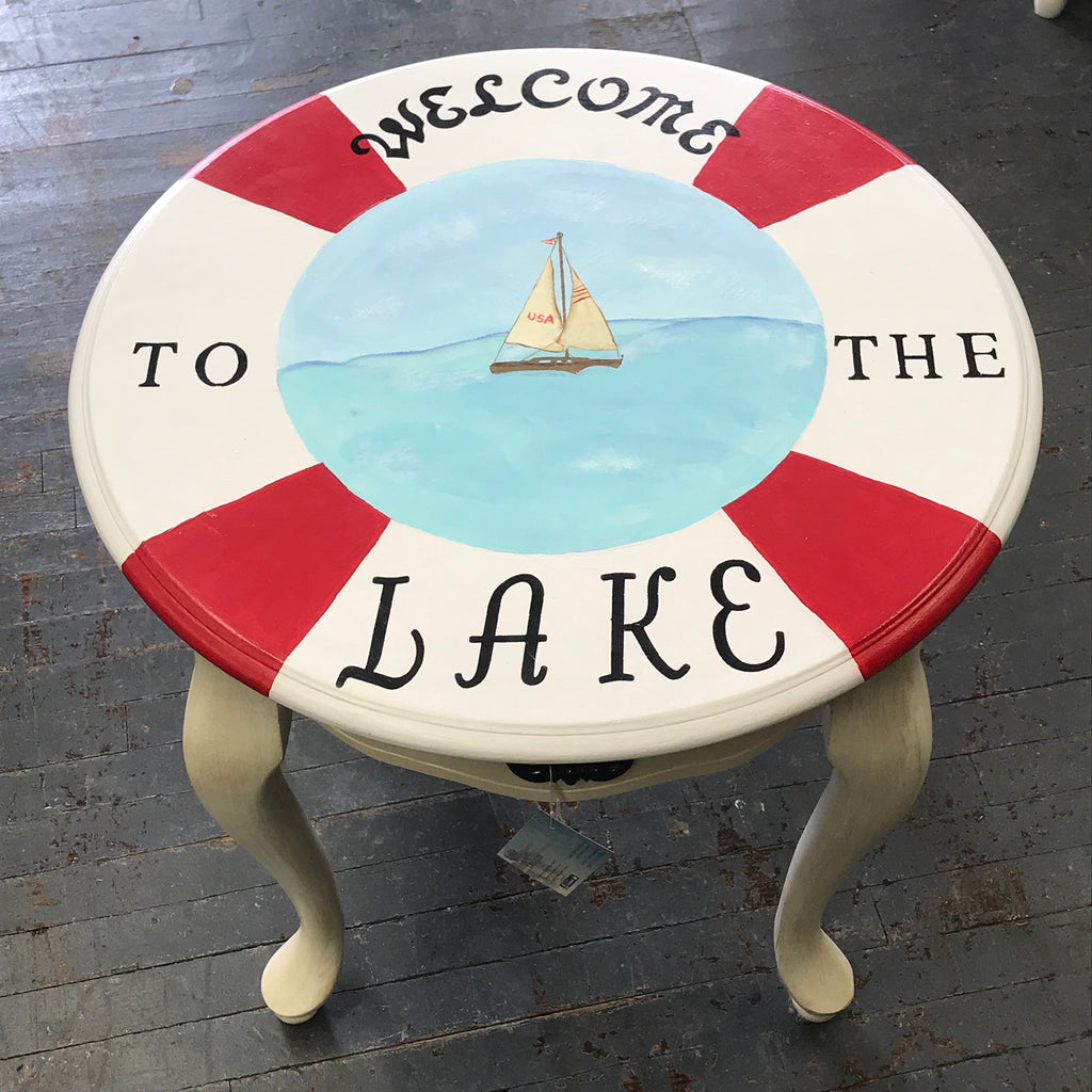 Welcome to the Lake Life Ring Saver Nautical Wood Round Top Side End Table