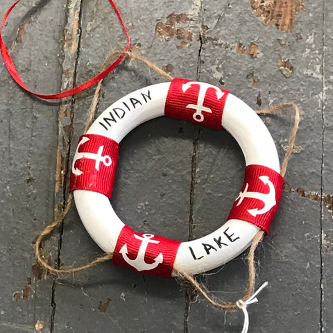 Indian Lake Nautical Life Ring Buoy Painted Holiday Christmas Tree Ornament Decoration Red