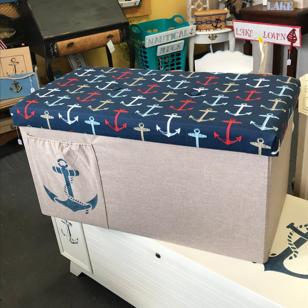 Nautical Cloth Covered Anchor Foot Stool Storage Bench