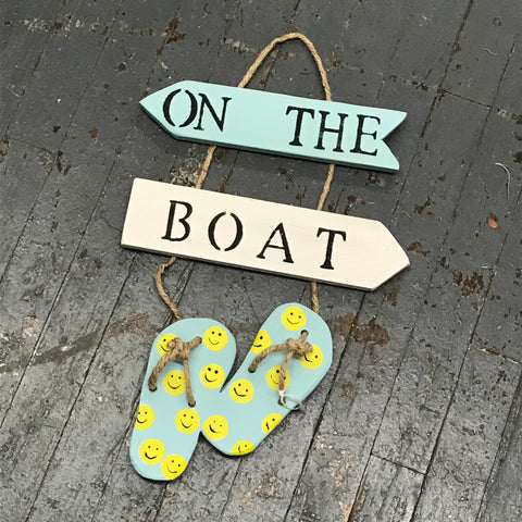 On the Boat Nautical Wood Painted Smiley Face Flip Flop Decoration