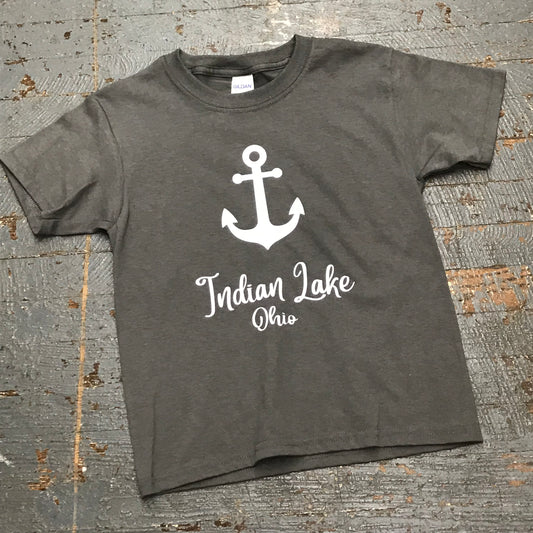 Indian Lake Ohio Nautical Anchor Graphic Designer Short Sleeve Child Youth T-Shirt Grey