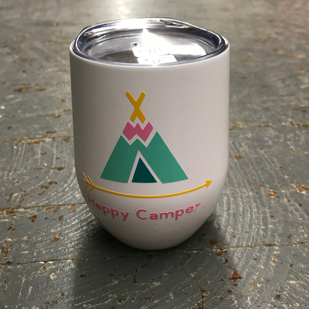 Happy Camper Teepee Stainless Steel 12oz Stemless Wine Beverage Drink Travel Tumbler White