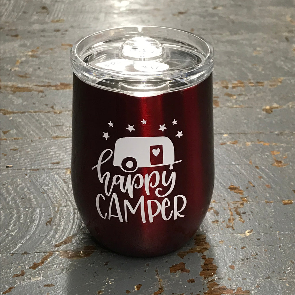 Happy Camper Stainless Steel 12oz Stemless Wine Beverage Drink Travel Tumbler Red