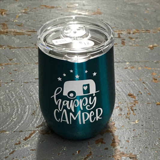 Happy Camper Stainless Steel 12oz Stemless Wine Beverage Drink Travel Tumbler Teal