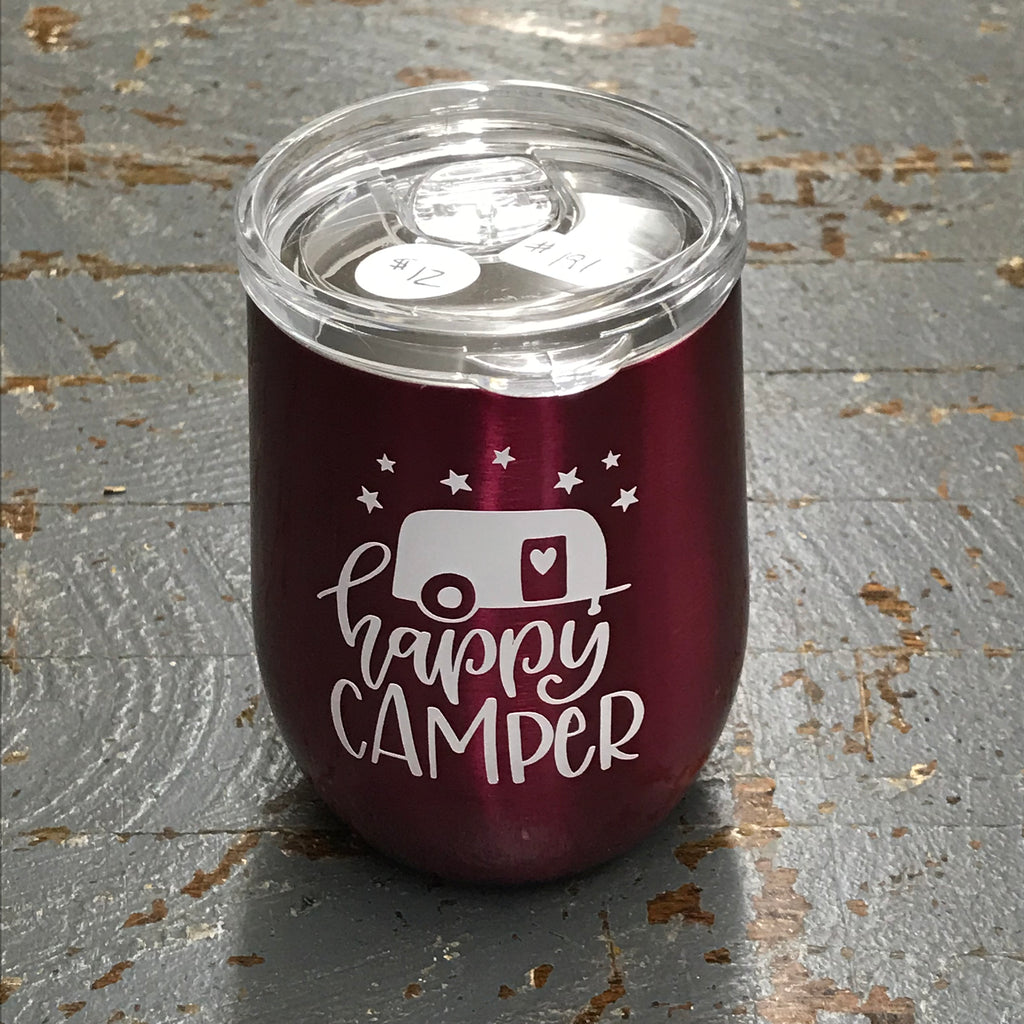 Happy Camper Stainless Steel 12oz Stemless Wine Beverage Drink Travel Tumbler Pink