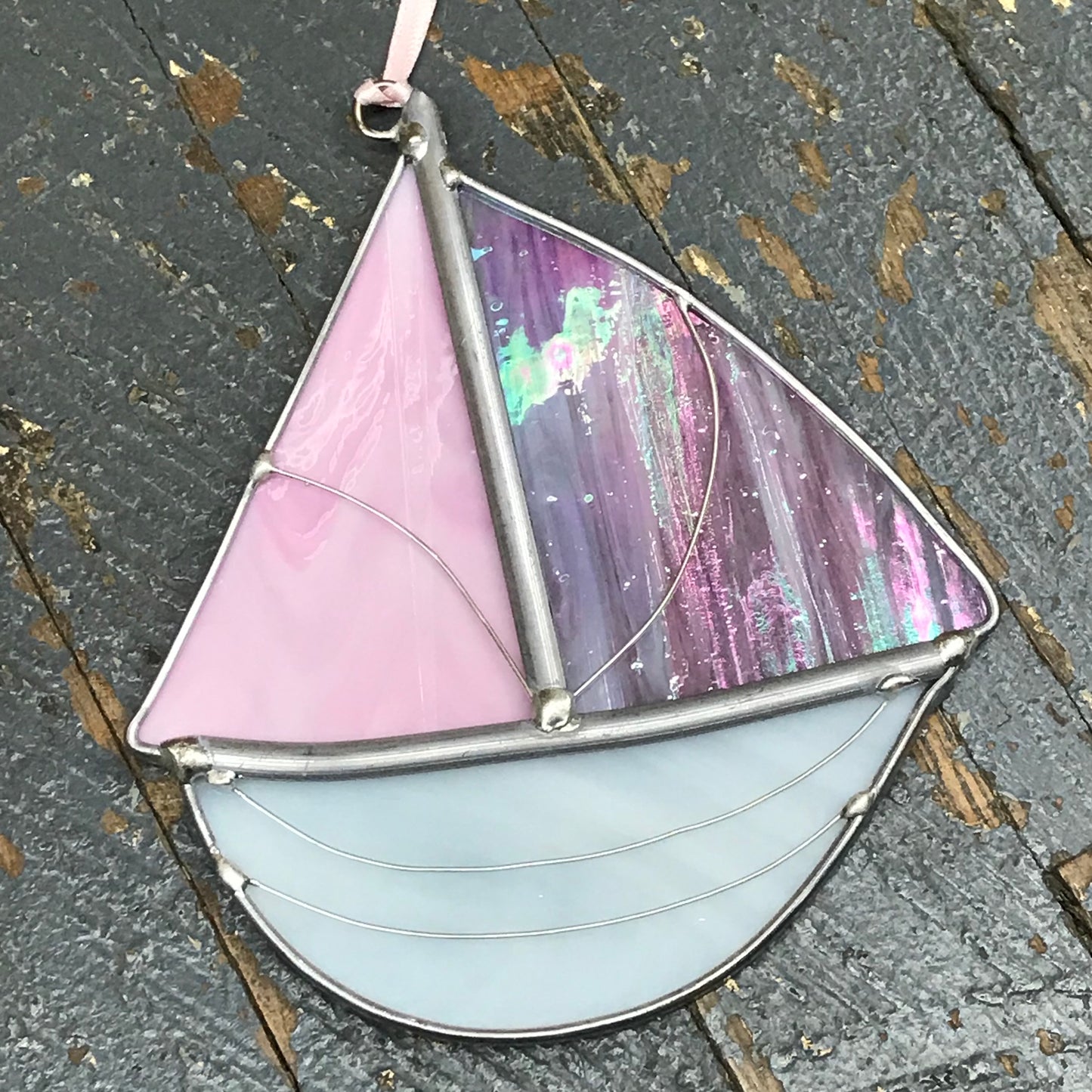 Stained Glass Sun Catcher Ornament Sailboat Pink White