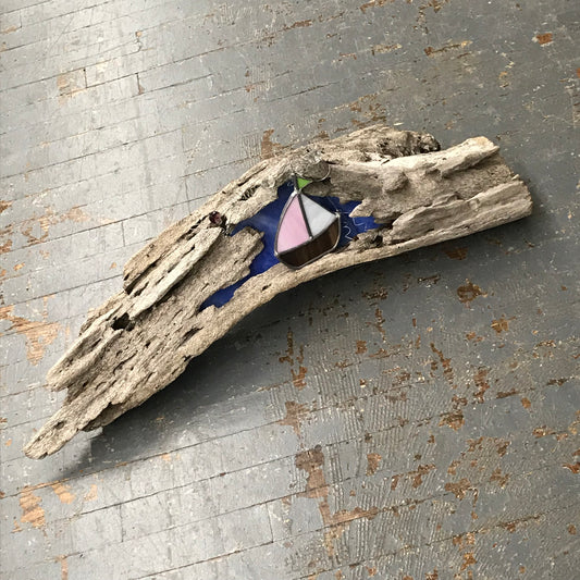 Stained Glass Sun Catcher Ornament Sailboat Driftwood Garden Art