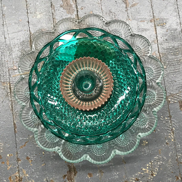 Depression Glass Garden Flower Large Clear Green Pink Pastel Opaque