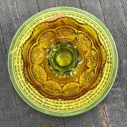 Depression Glass Garden Flower Large Green Yellow Amber Opaque