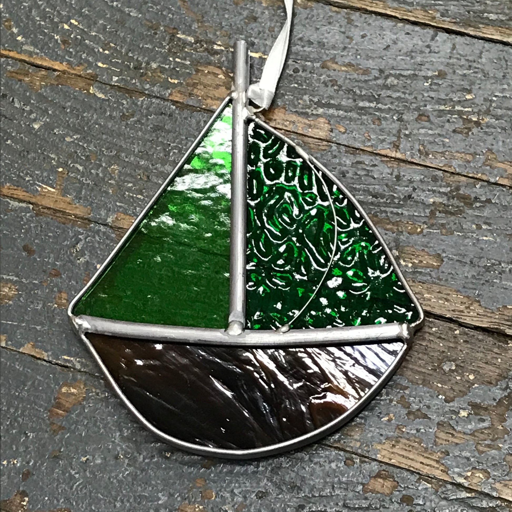 Stained Glass Sun Catcher Ornament Sailboat Green Brown