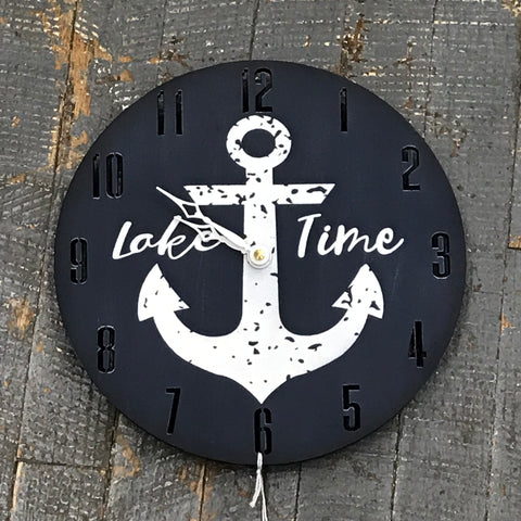 9" Round Nautical Wooden Anchor Lake Time Clock Painted Navy