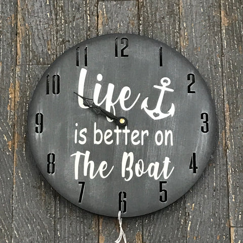 9" Round Nautical Wooden Clock Painted Grey Life is Better on the Boat