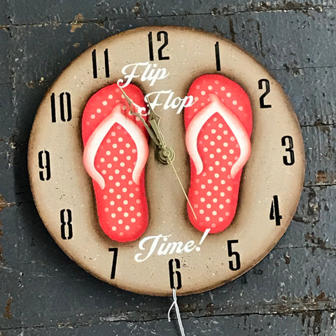 9" Round Nautical Wooden Flip Flop Clock Painted Coral Polka Dot