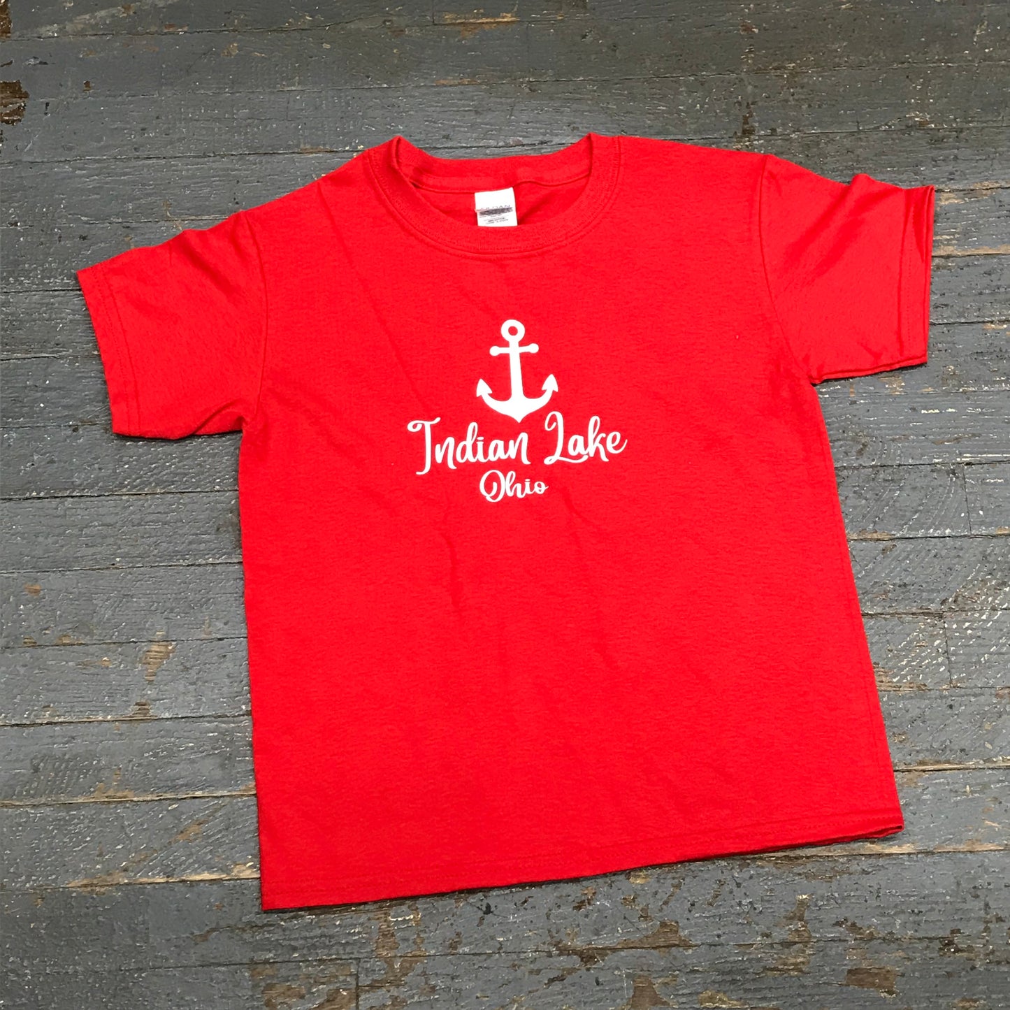 Indian Lake Ohio Nautical Anchor Graphic Designer Short Sleeve Child Youth T-Shirt Red