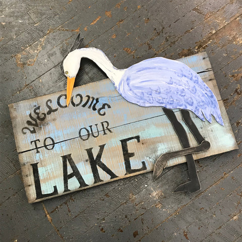 Welcome to Our Lake Hand Painted Wooden Nautical Blue Heron Sign