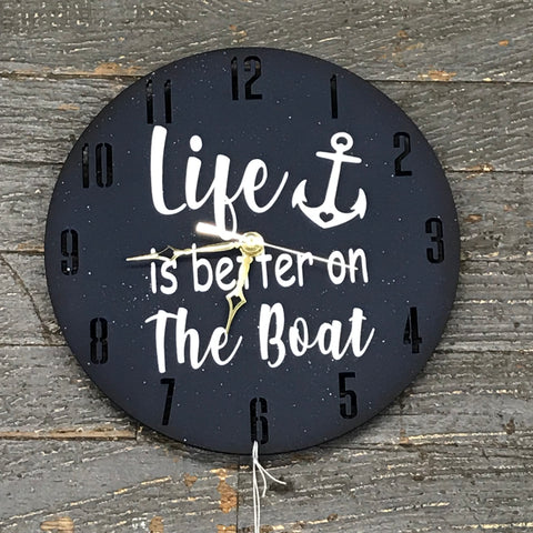 9" Round Nautical Wooden Clock Painted Navy Blue Life is Better on the Boat
