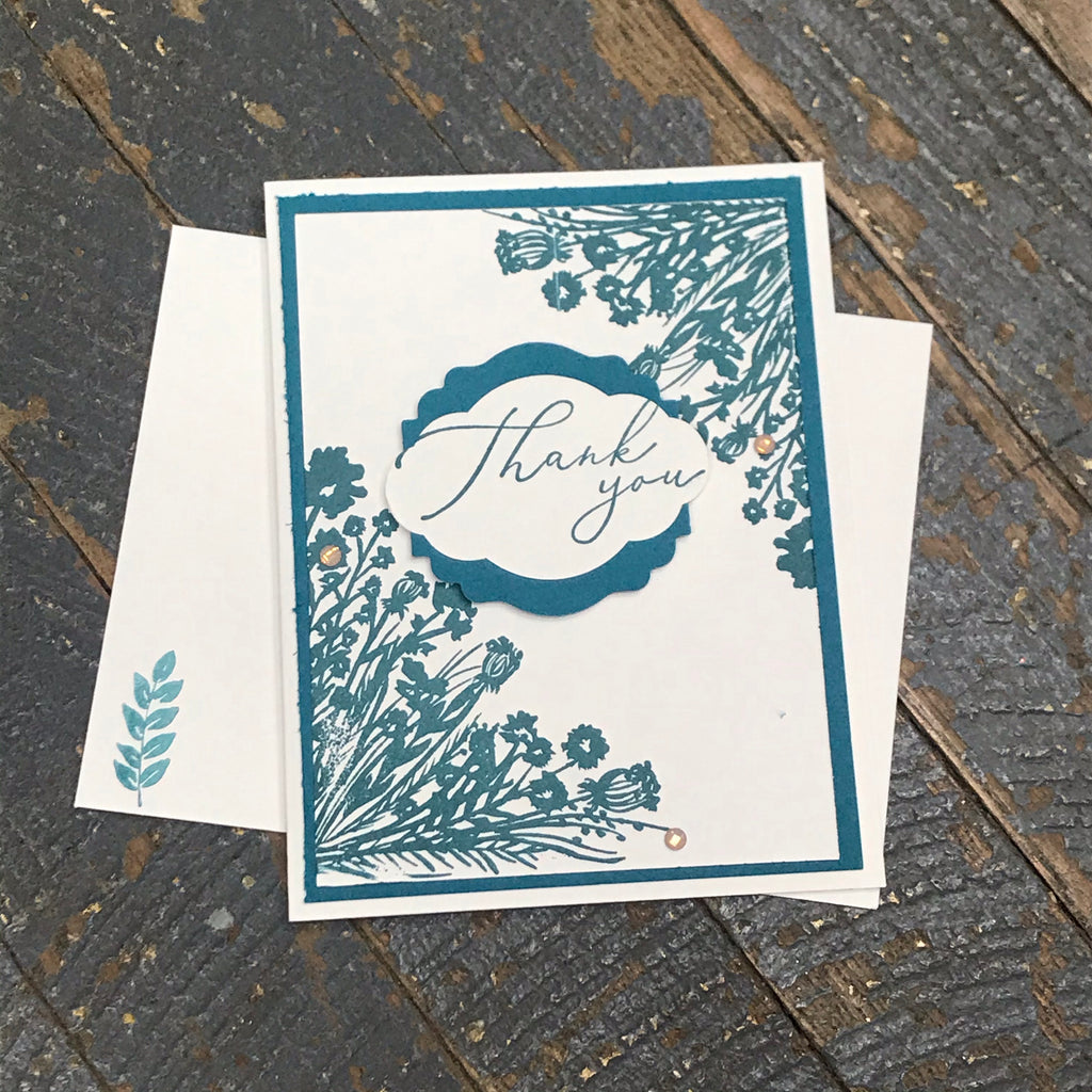Thank You Teal Floral Handmade Stampin Up Greeting Card with Envelope
