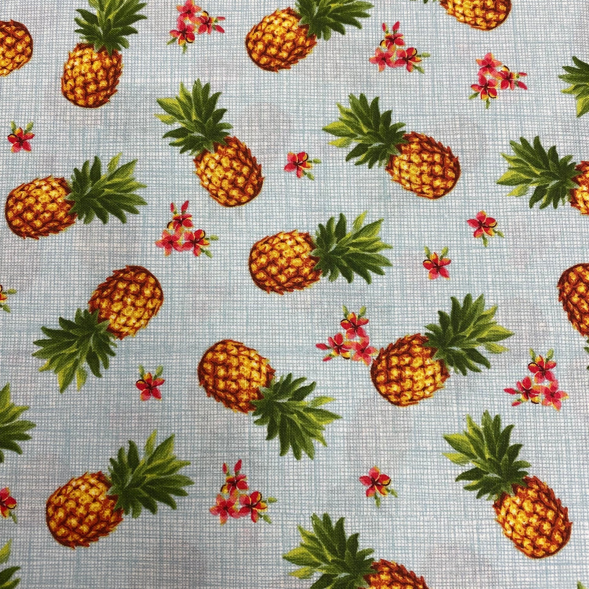 Novelty Quilt Fabric by the Yard Cotton Cloth Material Aqua Floral Pineapple