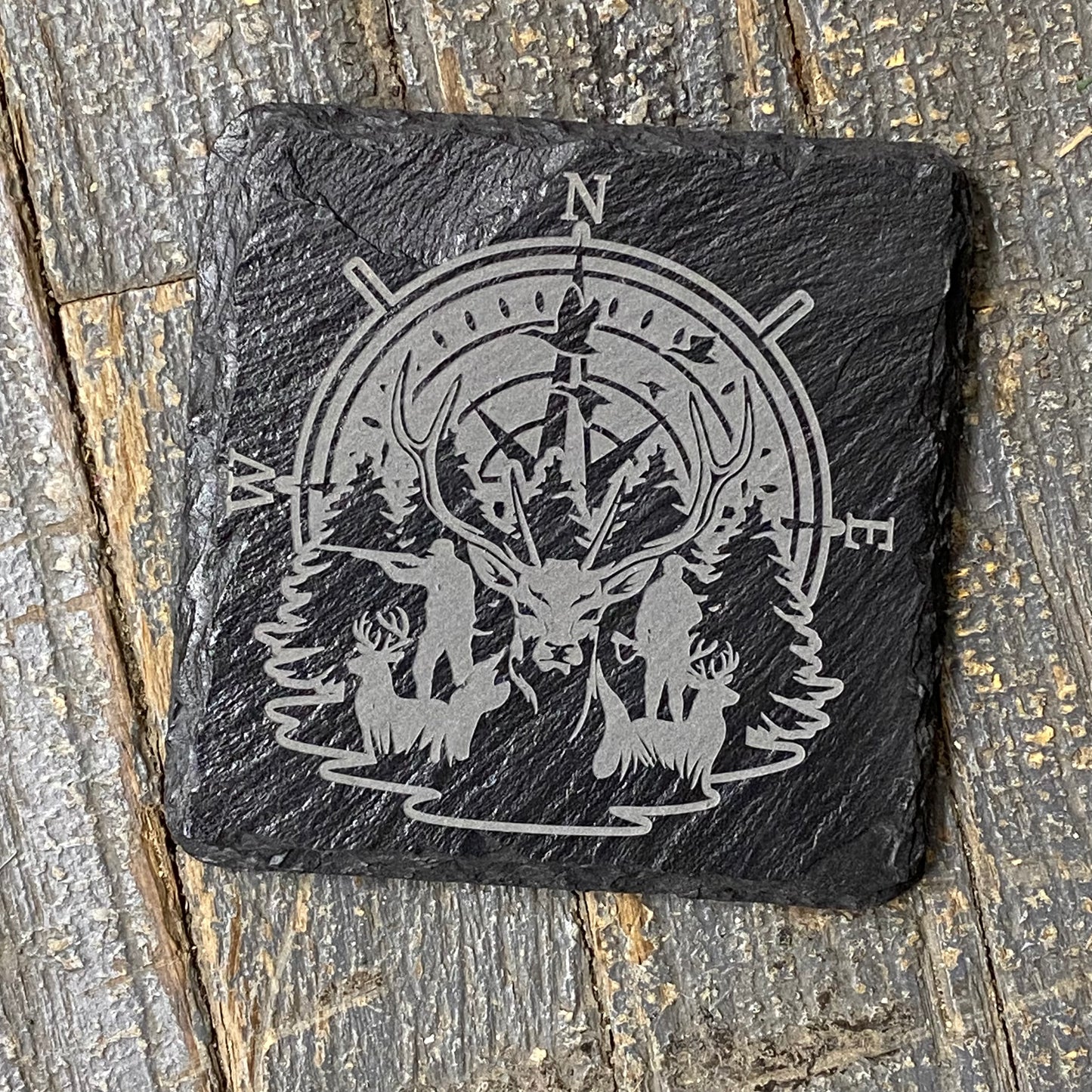 Laser Engraved Slate Tile Coaster Buck Compass Hunter