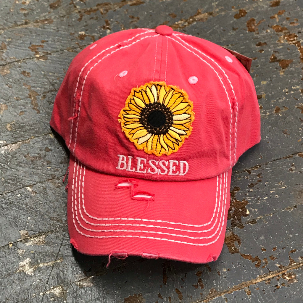 Sunflower Blessed Patch Rugged Coral Pink Embroidered Ball Cap