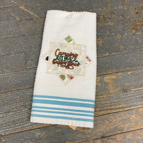 Kitchen Hand Towel Quilt Cloth Camping Happy Place Embroidered Blue