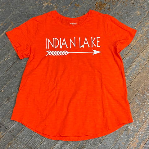 Indian Lake Arrow Full Chest Graphic Designer Short Sleeve V-Neck Scoop Neck Ladies T-Shirt Orange