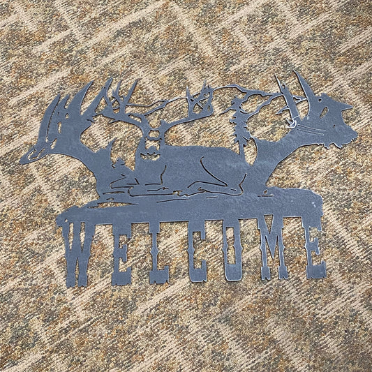 Buck Antler Woods Welcome Hunt Metal Sign Wall Hanger