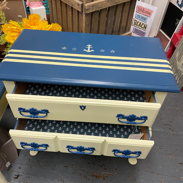 Hand Painted Nautical Navy Ivory Side Lamp End Table 2 Drawer Dresser