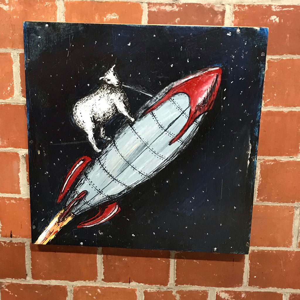 Box Framed Hand Painted Acrylic Wall Art Rooster Astronaut on Moon in Space